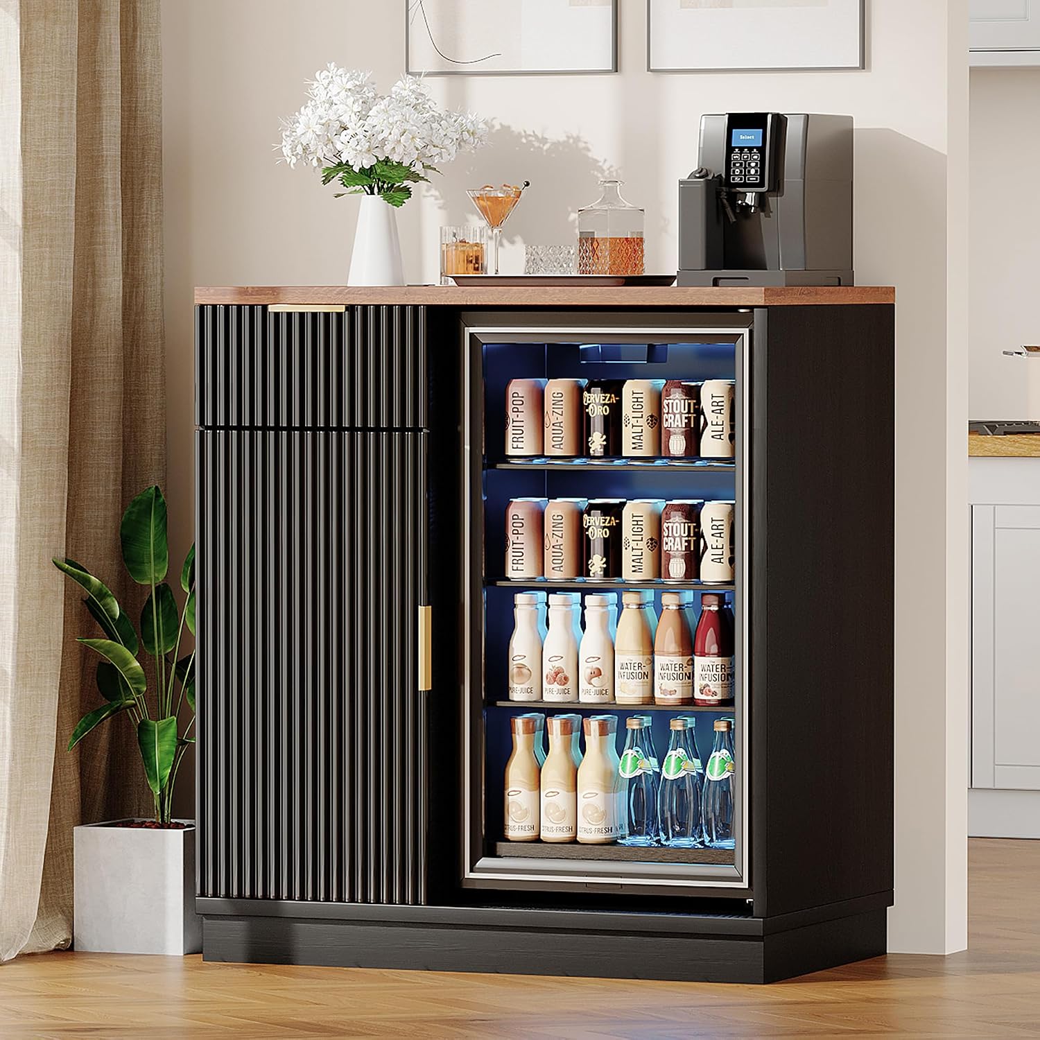 Home Bar And Fridge - 冷蔵庫スペースと電源コンセント付きのコーヒーバーキャビネット。引き出しと棚を備えた、家庭用キッチンやダイニングに最適な、装飾が施されたサイドボード。カスタマイズ可能。