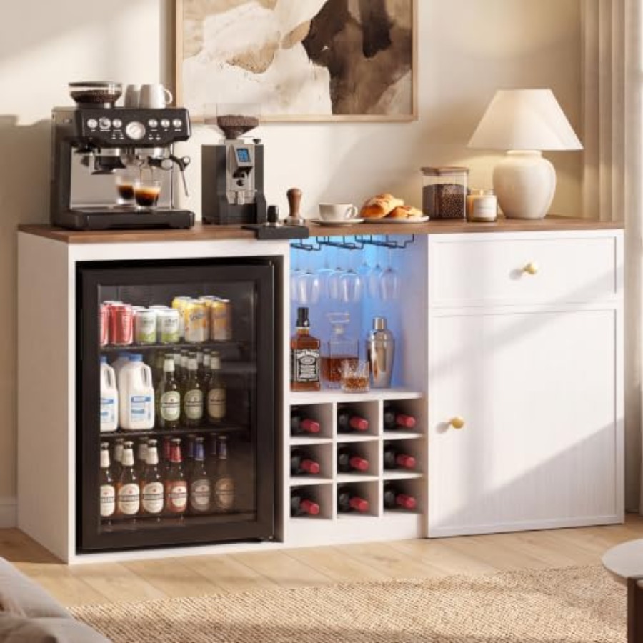 Home Bar And Fridge - 冷蔵スペース付きコーヒーバーキャビネット、55.2インチホームワインバー