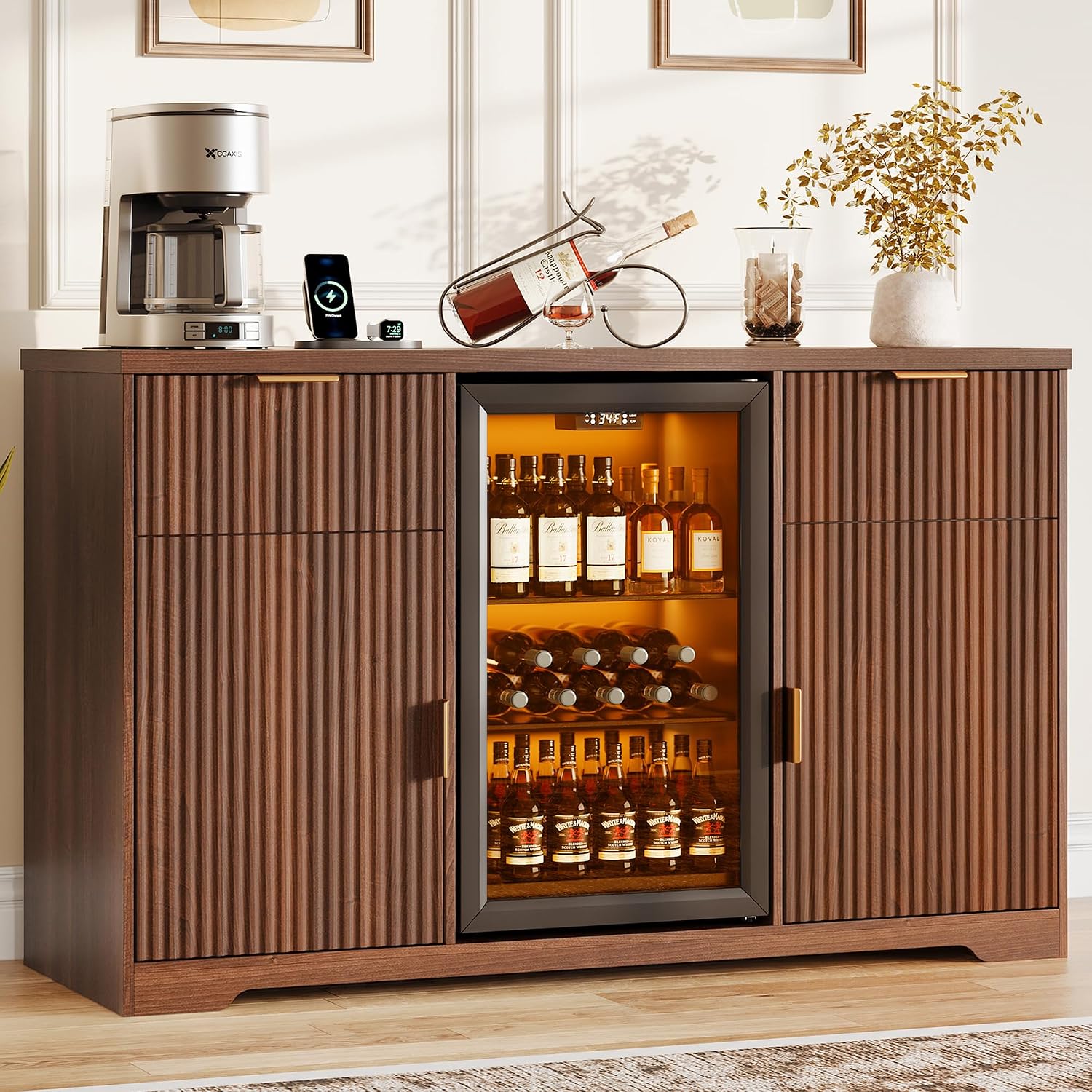 Home Bar And Fridge - 55インチのコーヒーバーキャビネット（充電ステーションと冷蔵スペース付き）、2つの引き出しを備えたワインラックビュッフェ、家庭用バーキャビネット、カスタマイズ可能