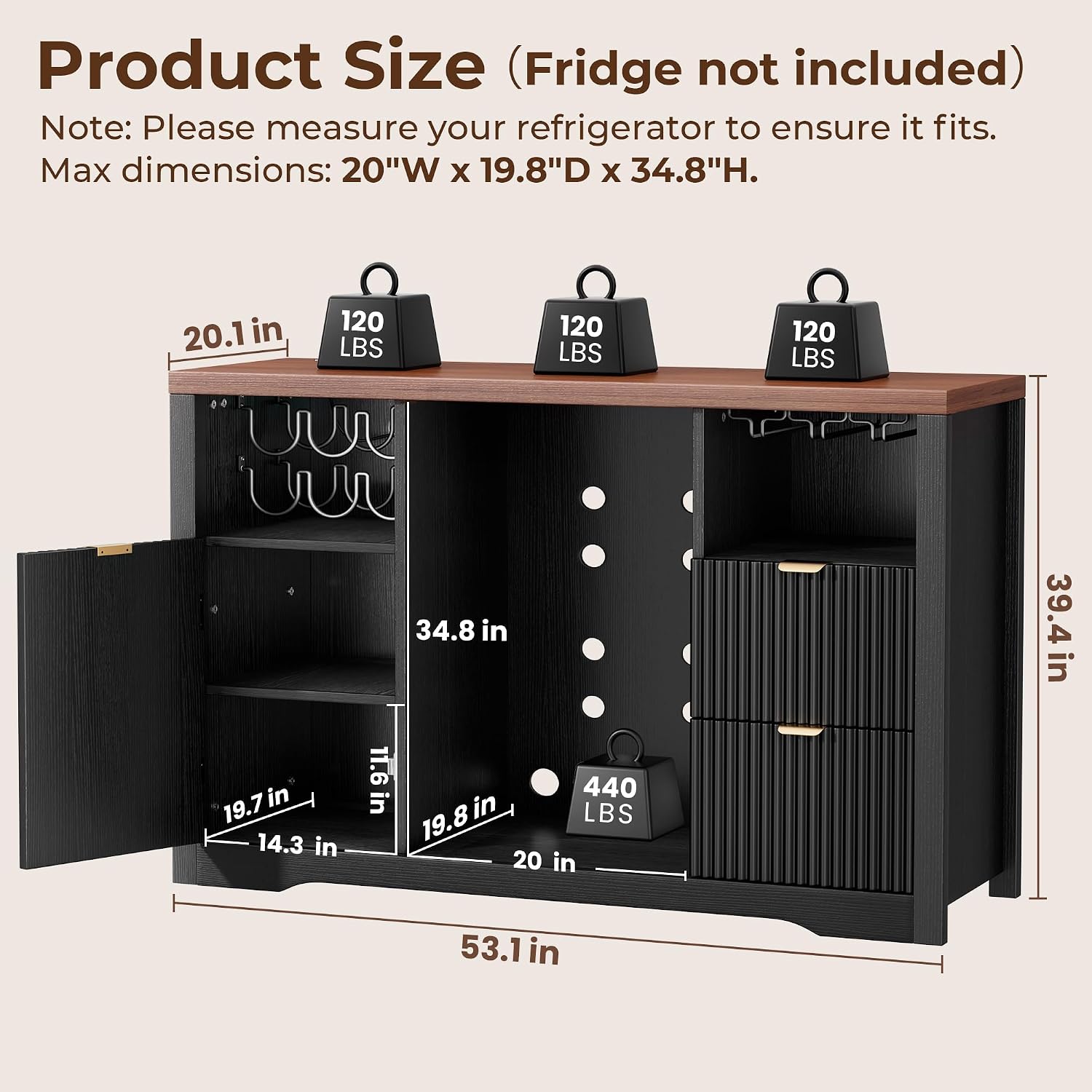 Home Bar And Fridge - ミニ冷蔵庫スペース付きコーヒーバーキャビネット、収納付き53インチワインキャビネット、カスタマイズ可能