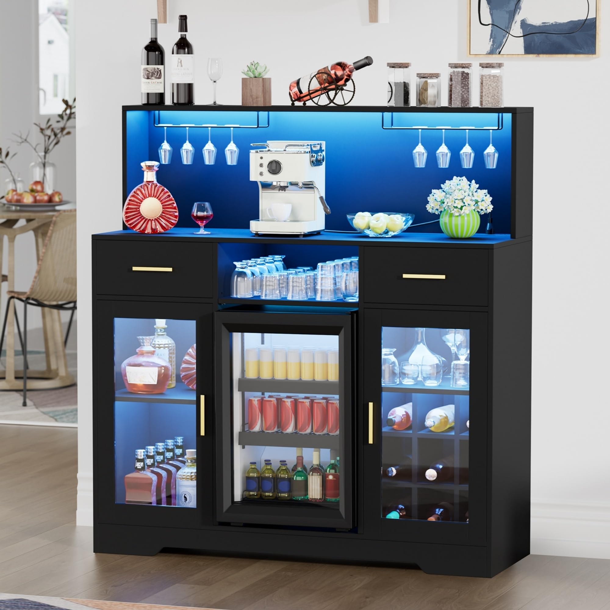 Home Bar And Fridge - 収納付きミニ冷蔵庫キャビネット、LEDライトと電源コンセント付き家庭用ワインバーキャビネット、ミニ付きコーヒーバーキャビネット
