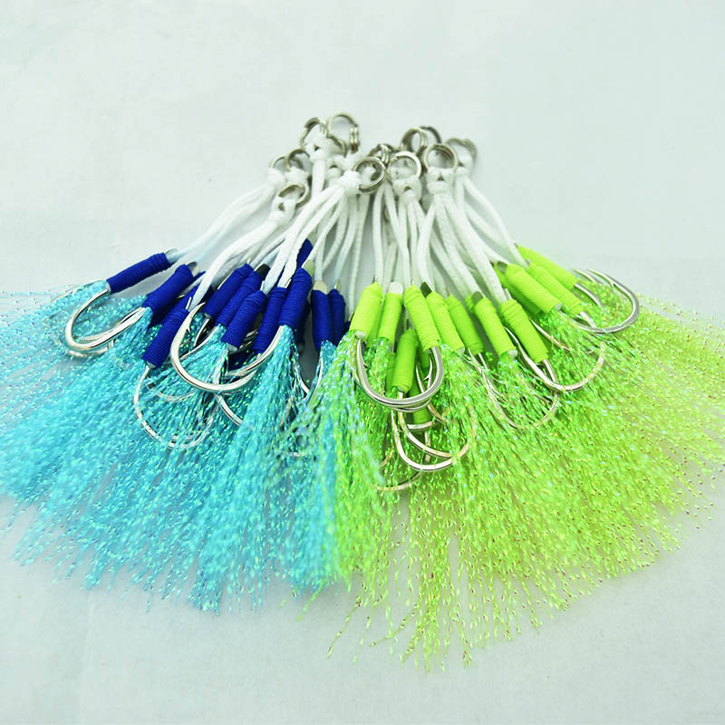 Jigger Double Sided - 高品質の炭素鋼ボートフィッシングフック,フェザーロープ,スロージギング補助剤,ダブルフック,10〜20,バッグあたり5個