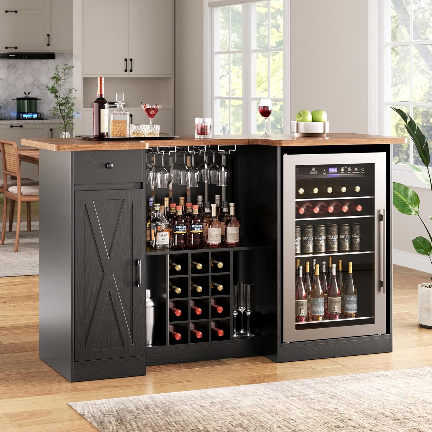 Home Bar And Fridge - 72インチのホームバーキャビネット（冷蔵庫スペース付き）、U字型リキュールキャビネット | 内蔵電源コンセント、ワインラック、グラスホルダー