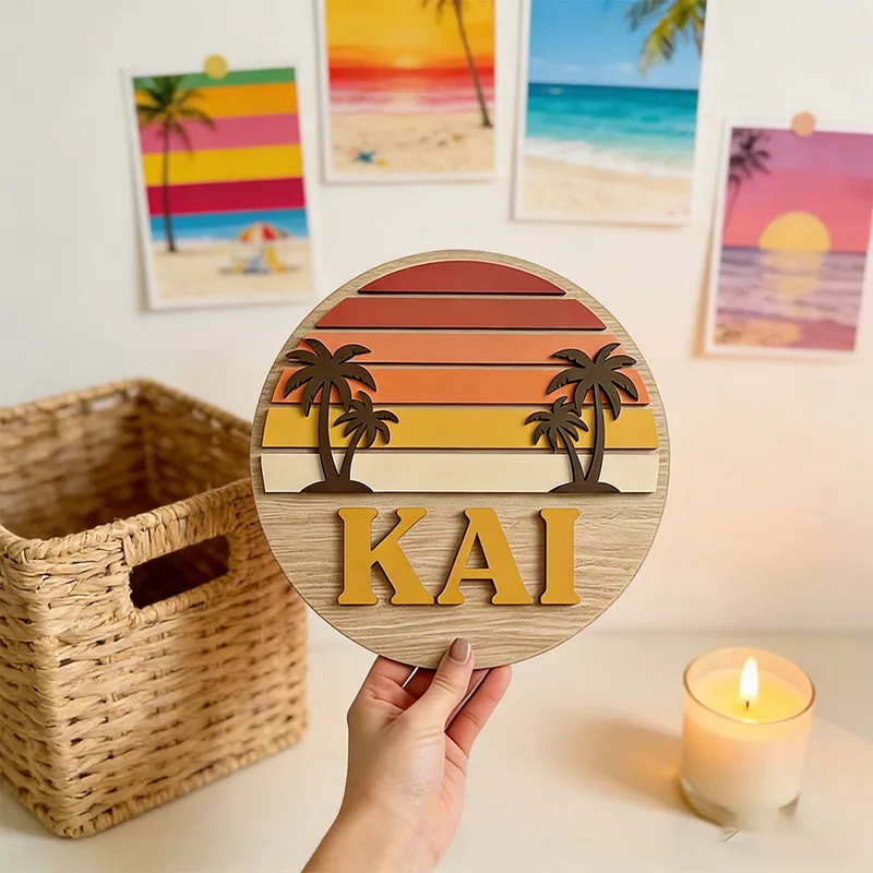 Home Bar Signs - カスタマイズ可能な丸型ヴィンテージビーチサンセットヤシの木名入り木製サイン3Dレターウォールプレート、家のビーチハウス、ティキバーの装飾に