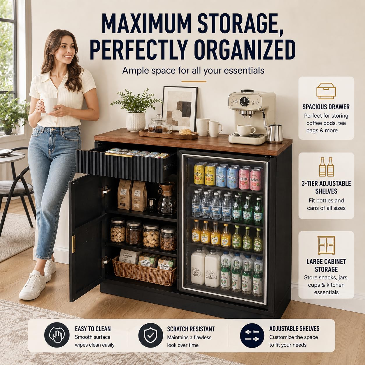 冷蔵庫スペースと電源コンセント付きのコーヒーバーキャビネット - Home Bar And Fridge のレビューと価格